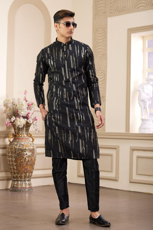 Ethnic Tree - Black Art Silk Payjama Kurta