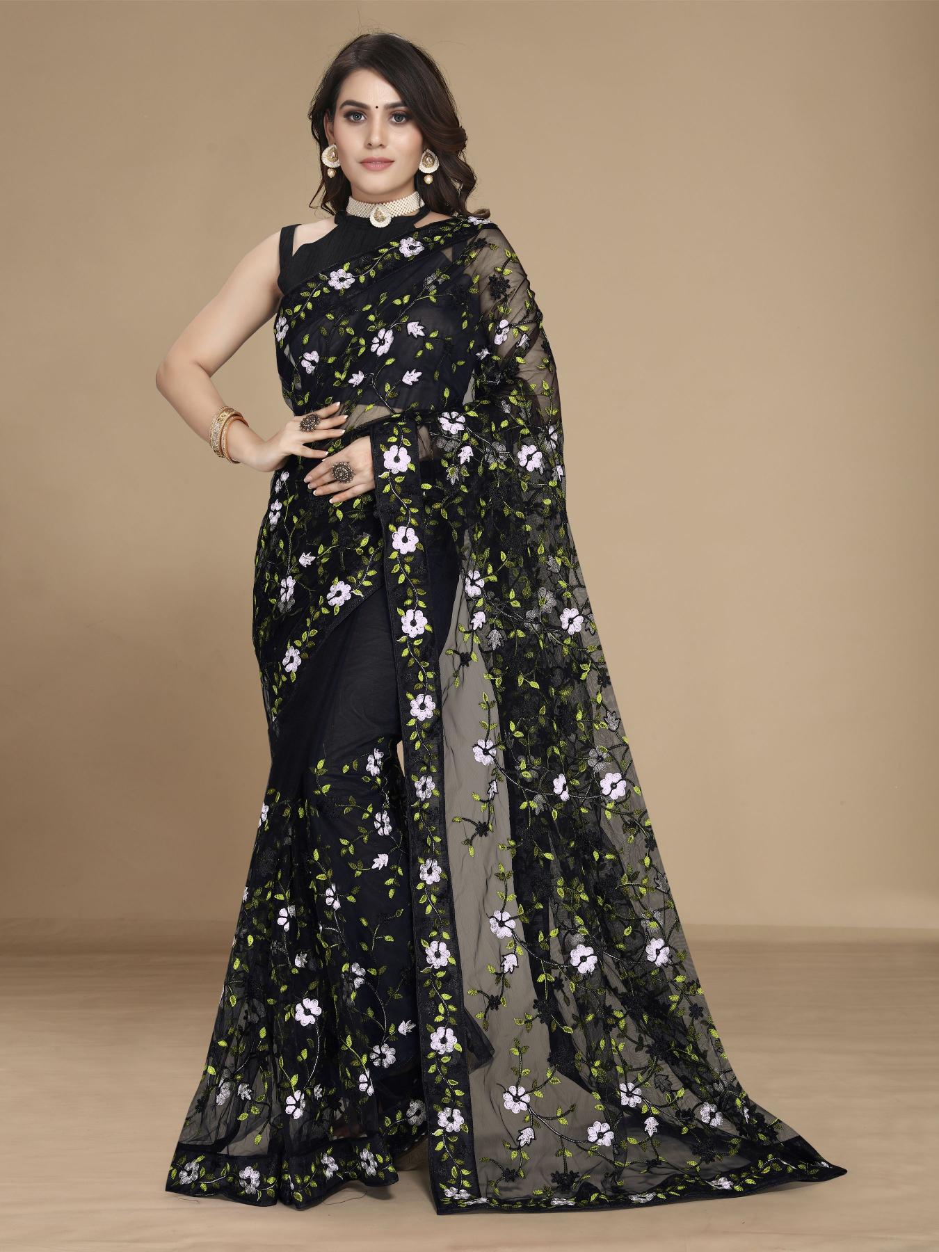 Ethnic Tree - Black soft net embroided saree