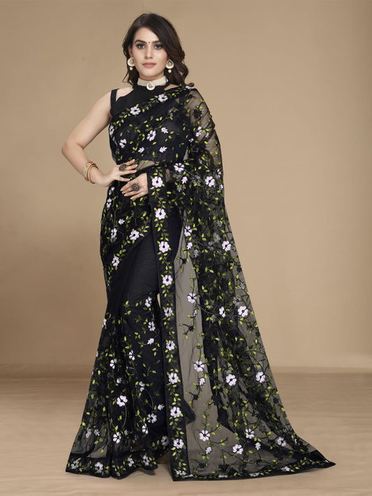 Ethnic Tree - Black soft net embroided saree