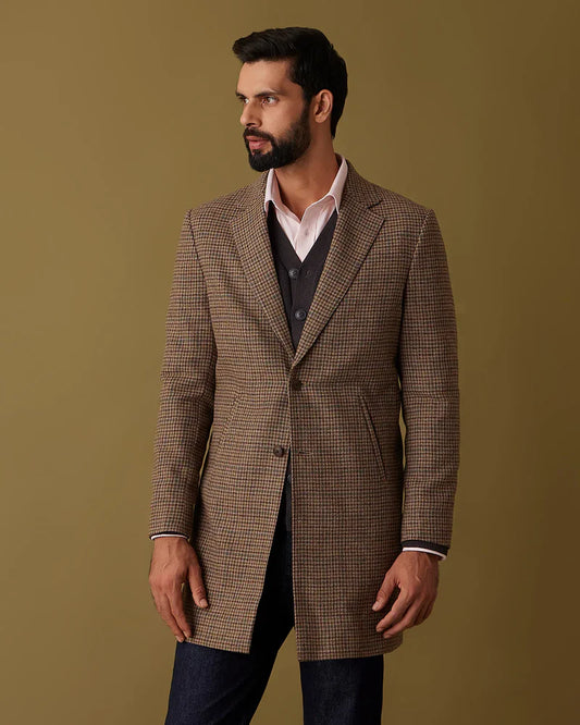 Bombay-Bracken Houndstooth Tweed Long Jacket - Brown & Beige