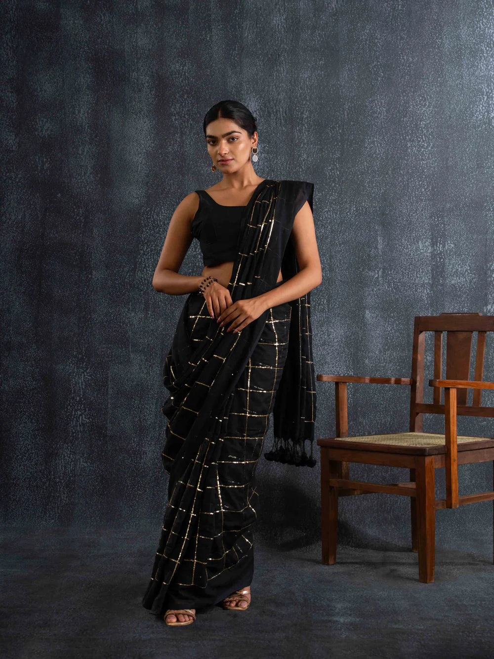 Magga - Breezy Mul Cotton Saree in Black with Zari Checks