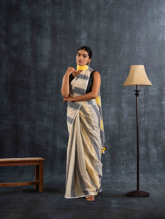 Magga - Breezy Mul Cotton Saree in Yellow & Grey Stripes