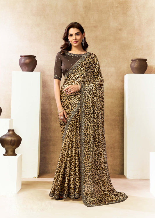Ethnic Tree - Cream Animal Print Satin Silk Saree
