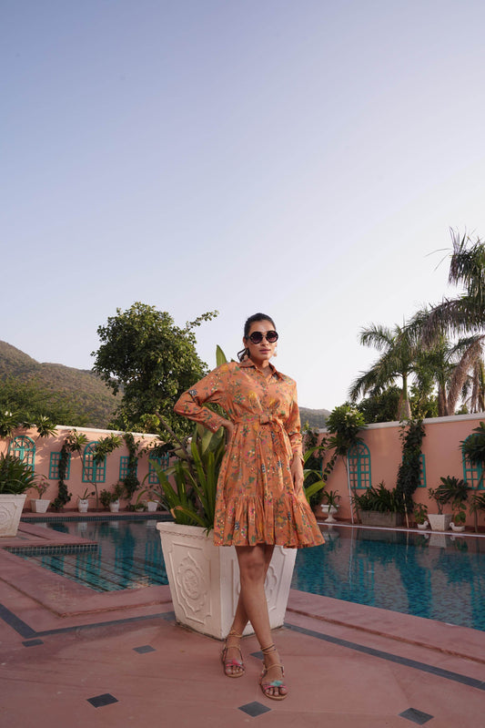 bulbul - Flowery Orange Cotton Midi Dress