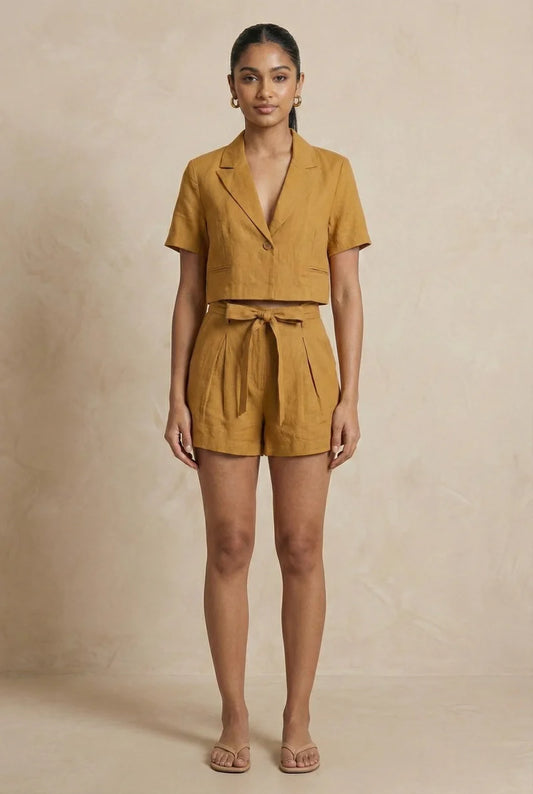 GuiltAndClass - GOLDEN HOUR LINEN CO-ORD  Cotton-Linen Co-ord Set with Cropped Blazer Top and High-Waisted Tailored Shorts