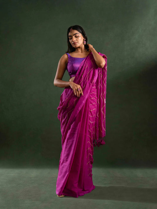 Magga - Featherlight Mul Cotton Saree in Orchid Pink with Wave Patterns