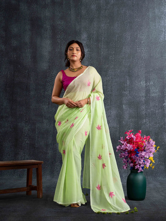 Magga - Featherlight Mul Cotton Saree with Thread Leaf Work in Pistaschio Green