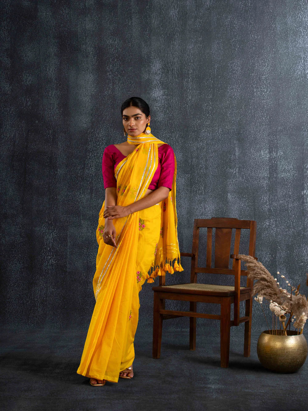 Magga - Gentle Mul Cotton Saree in Marigold Yellow with Floral Embroidery