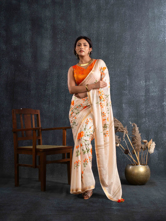 Magga - Handwoven Plush Silk Linen Embroidered Saree in Beige
