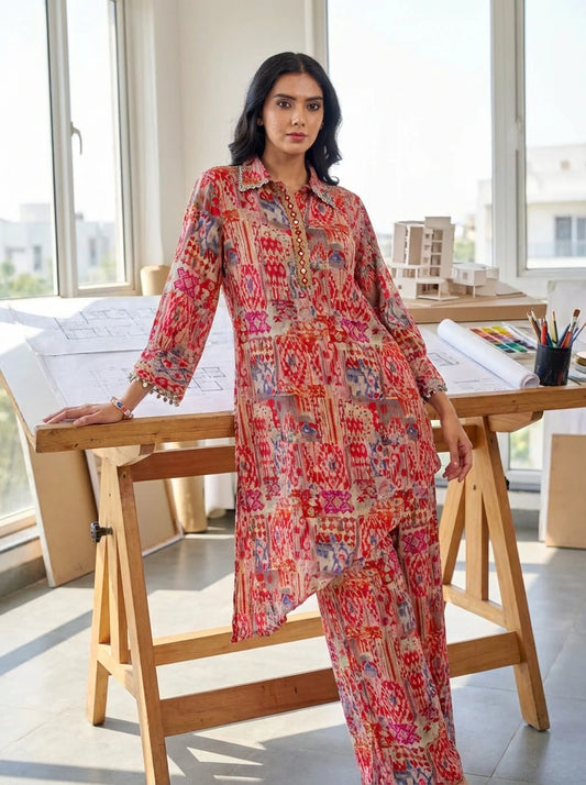BulBul - Kira Orange Abstract Printed Viscose Co-Ord Set with Shisha Embroidered Placket and Coin-Pearl Detailing