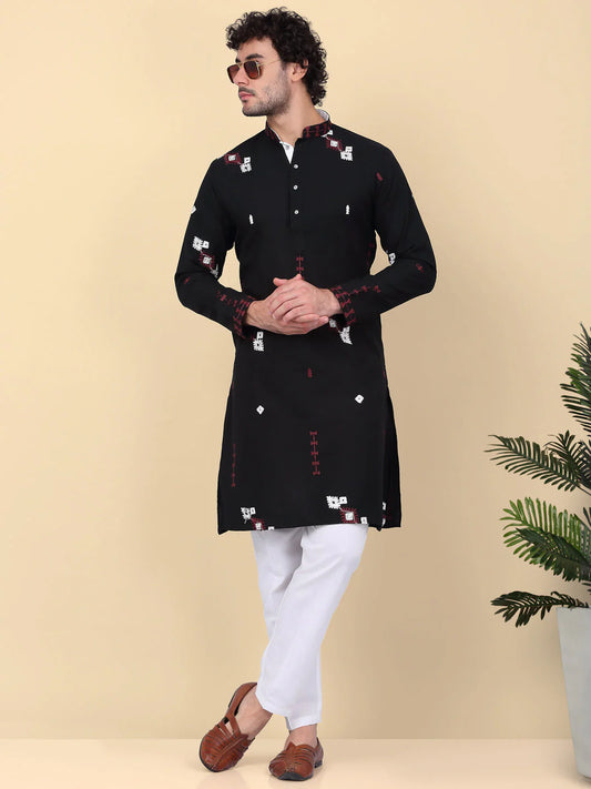 KRAFT INDIA - LUXE- Linen Ethnic Motif Embroidered Regular Straight Kurta