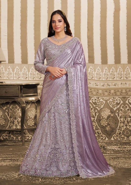 Ethnic Tree - Lavender Foil Satin Beads and Sequin Lehenga Style Saree