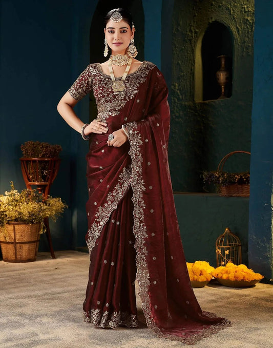 Ethnic Tree - Maroon Floral Embroidered Designer Saree