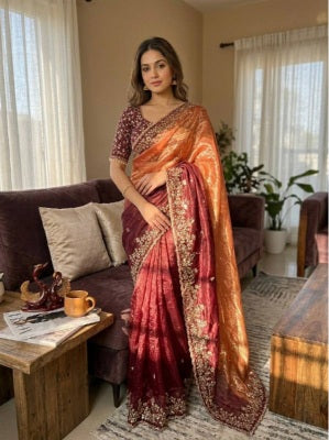 Ethnic Tree - Multi Maroon Sequence Embroidered Soft Chiffon Saree