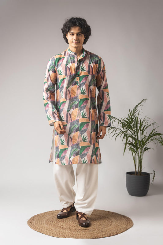 Ethnic Tree - Multicolor Linen Kurta Pyjama