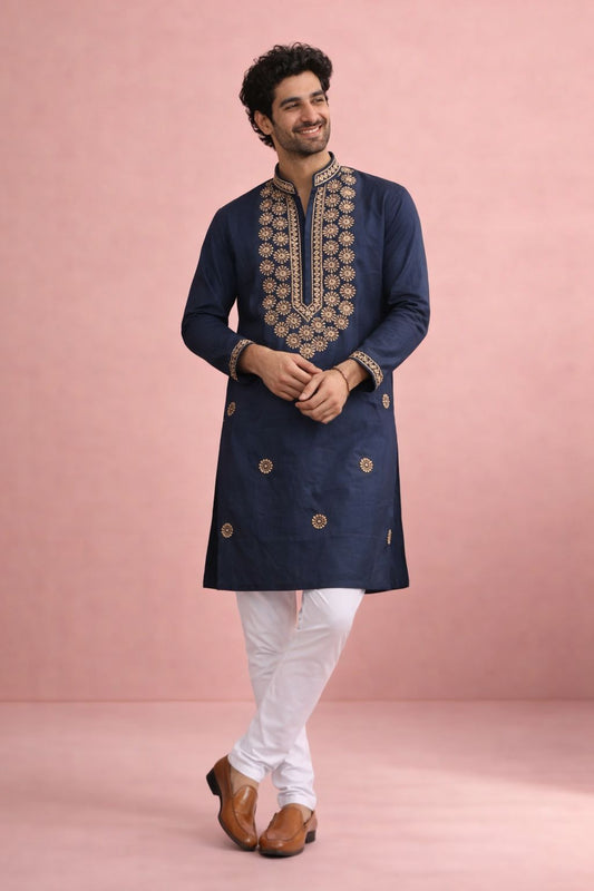 Ethnic Tree - Navy Blue Designer Printed Motif Kurta Pyjama