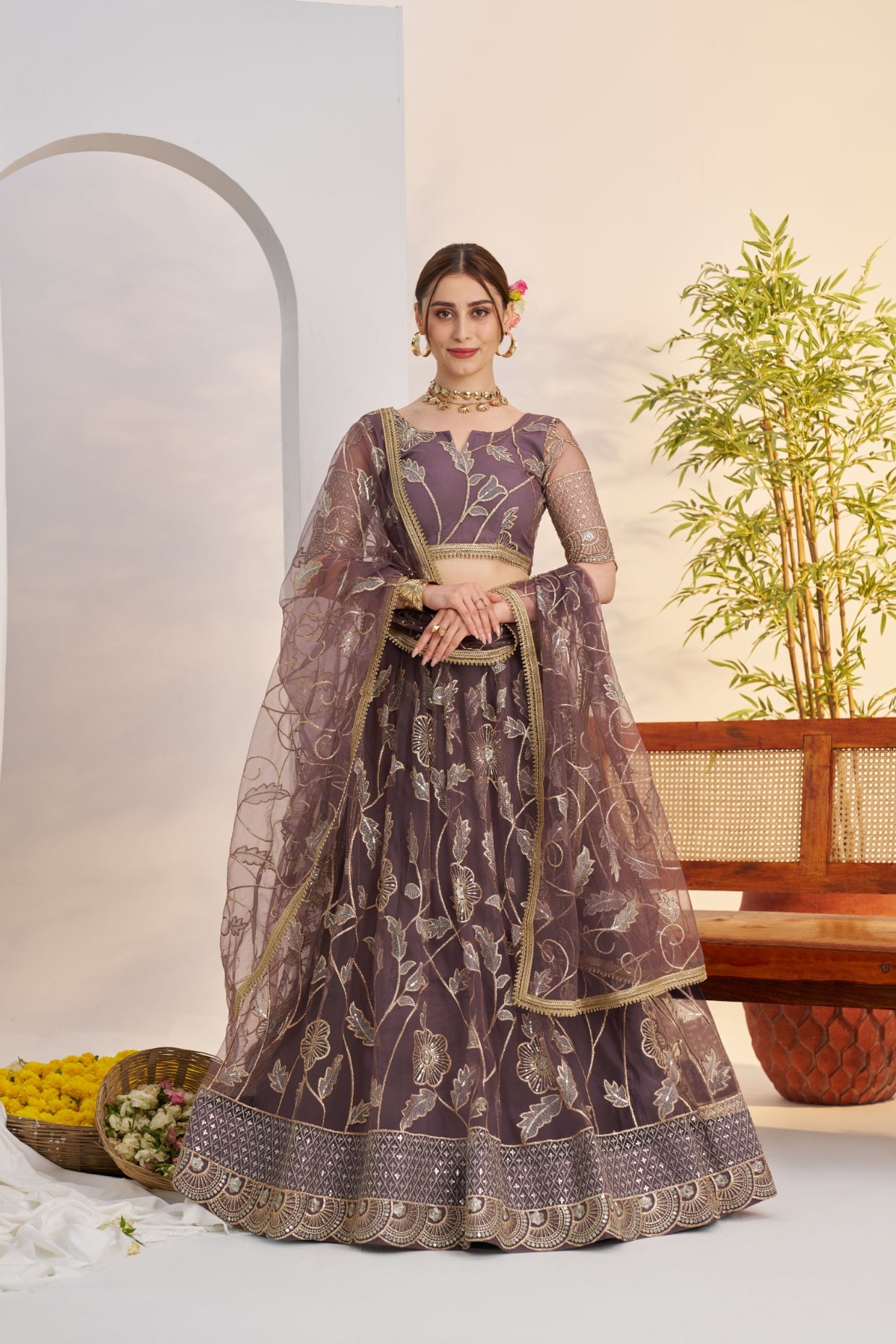Ethnic Tree - Onion Floral Embroidered Butterfly Net Flared Lehenga Choli