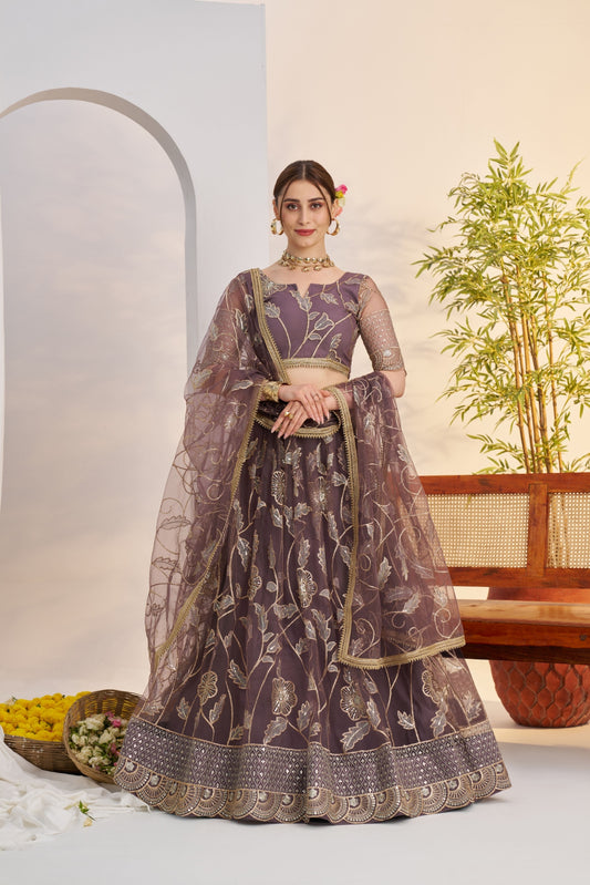 Ethnic Tree - Onion Floral Embroidered Butterfly Net Flared Lehenga Choli