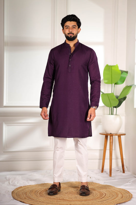 Ethnic TRee - Purple Designer Embroidery Cotton Kurta Pyjama
