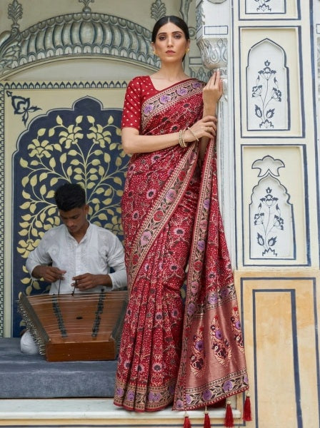 Ethnic Tree - Red Mughal Weaving Soft Khadi Georgette Saree