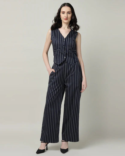 SOI-Women’s White & Blue Striped Vest and High-Waist Trouser Co-ord Set – Two-Piece Outfit
