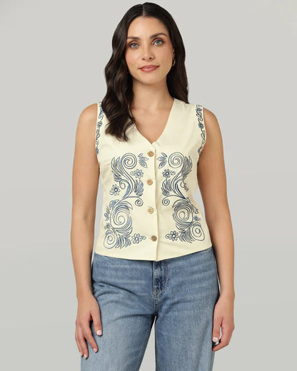 SOI-Women’s Blue Embroidered V-Neck Ivory Waistcoat Vest