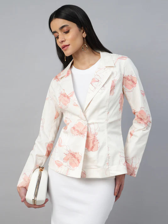 SOI-Women’s Off-white printed Notched Lapel Blazer – Long Sleeve, Regular Fit, Single-Breasted