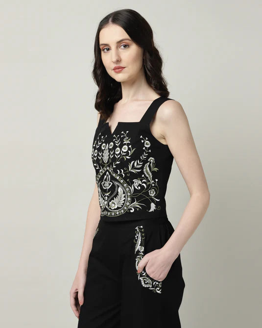 Sands of India-Black Poplin Embroidered Co-ord Set for Women