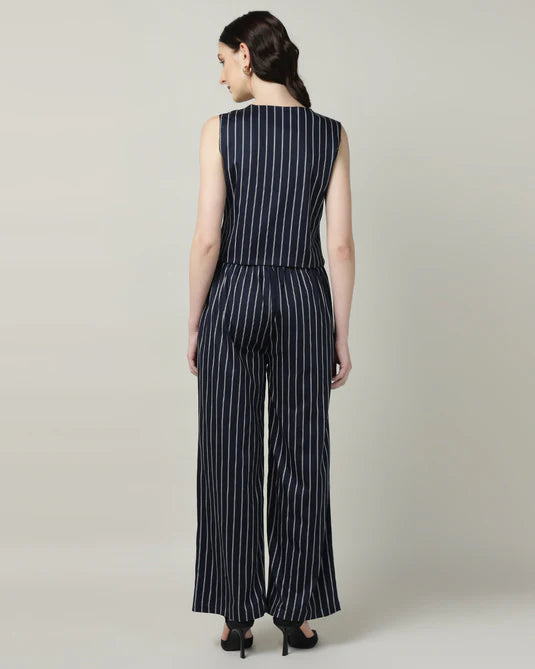SOI-Women’s White & Blue Striped Vest and High-Waist Trouser Co-ord Set – Two-Piece Outfit
