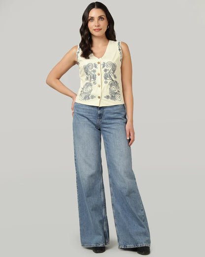 SOI-Women’s Blue Embroidered V-Neck Ivory Waistcoat Vest