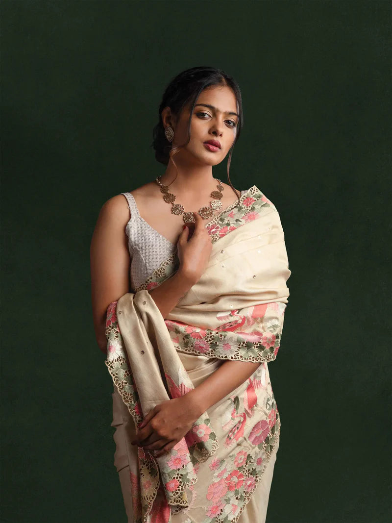 Magga - Tussar Silk Embroidered Cut-work Saree in Porcelain Ivory