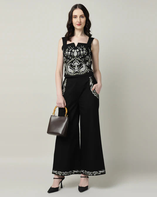 Sands of India-Black Poplin Embroidered Co-ord Set for Women