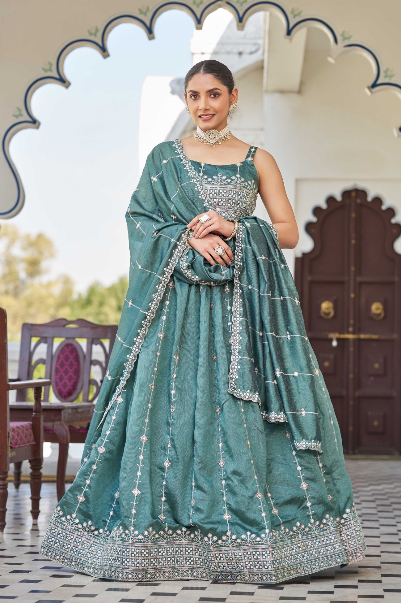 Ethnic Tree - Teal Sequins Silk Designer Lehenga Choli