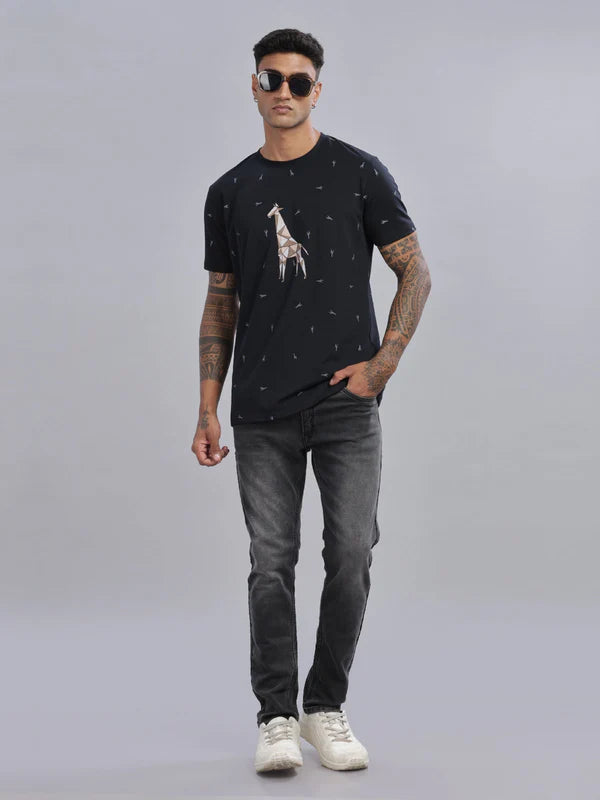 Black Printed Half sleeve Round Neck T-Shirt