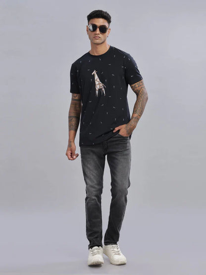 Black Printed Half sleeve Round Neck T-Shirt