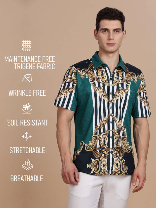 Green Printed Regular Fit Half sleeve Shirt