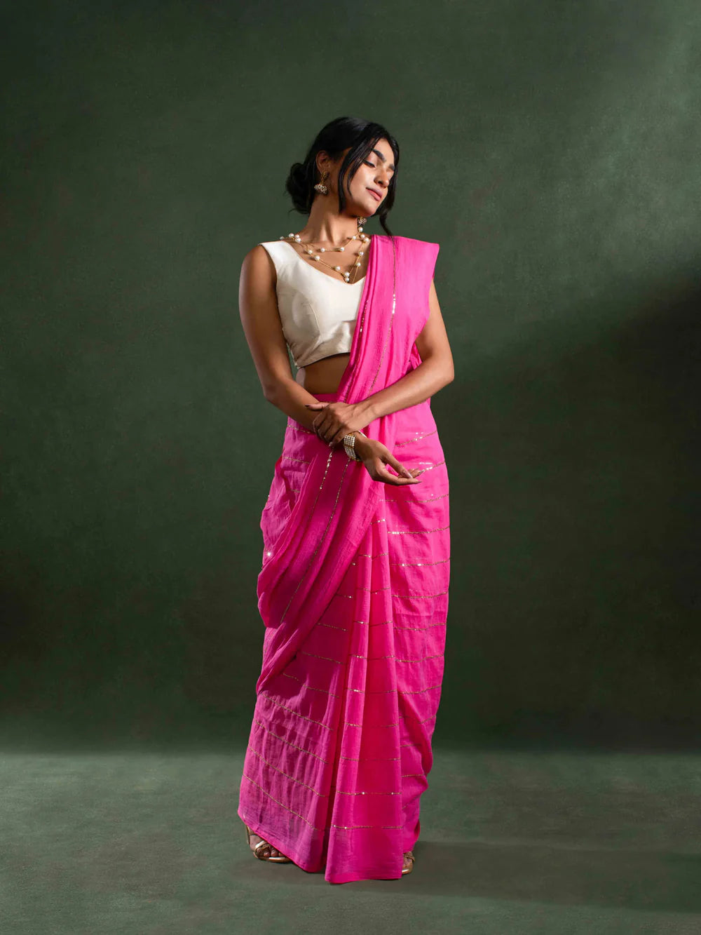 Magga - Whisper-light Mul Cotton Saree in Hot Pink with Zari Stripes
