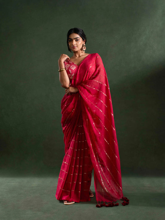 Magga - Whisper-light Mul Cotton Saree in Red with Zari Stripes