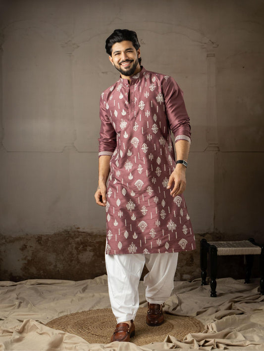 Ethnic Tree - Wine Silk Embroidered Kurta Pyjama