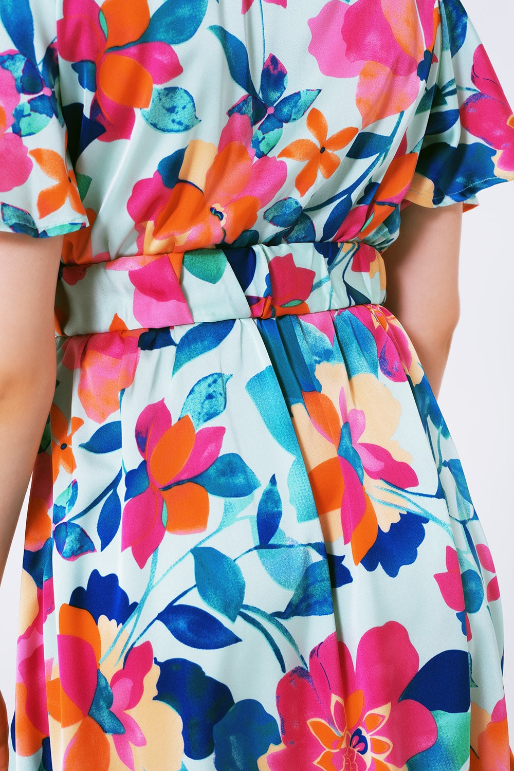 Belted Soft Satin Dress With Flower Print