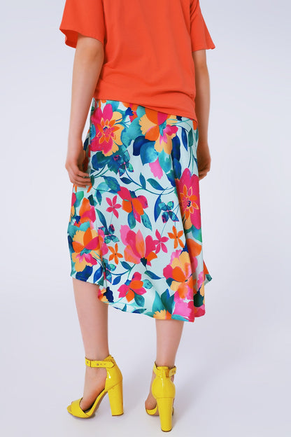 Flower Print Pleated Midi Skirt in White