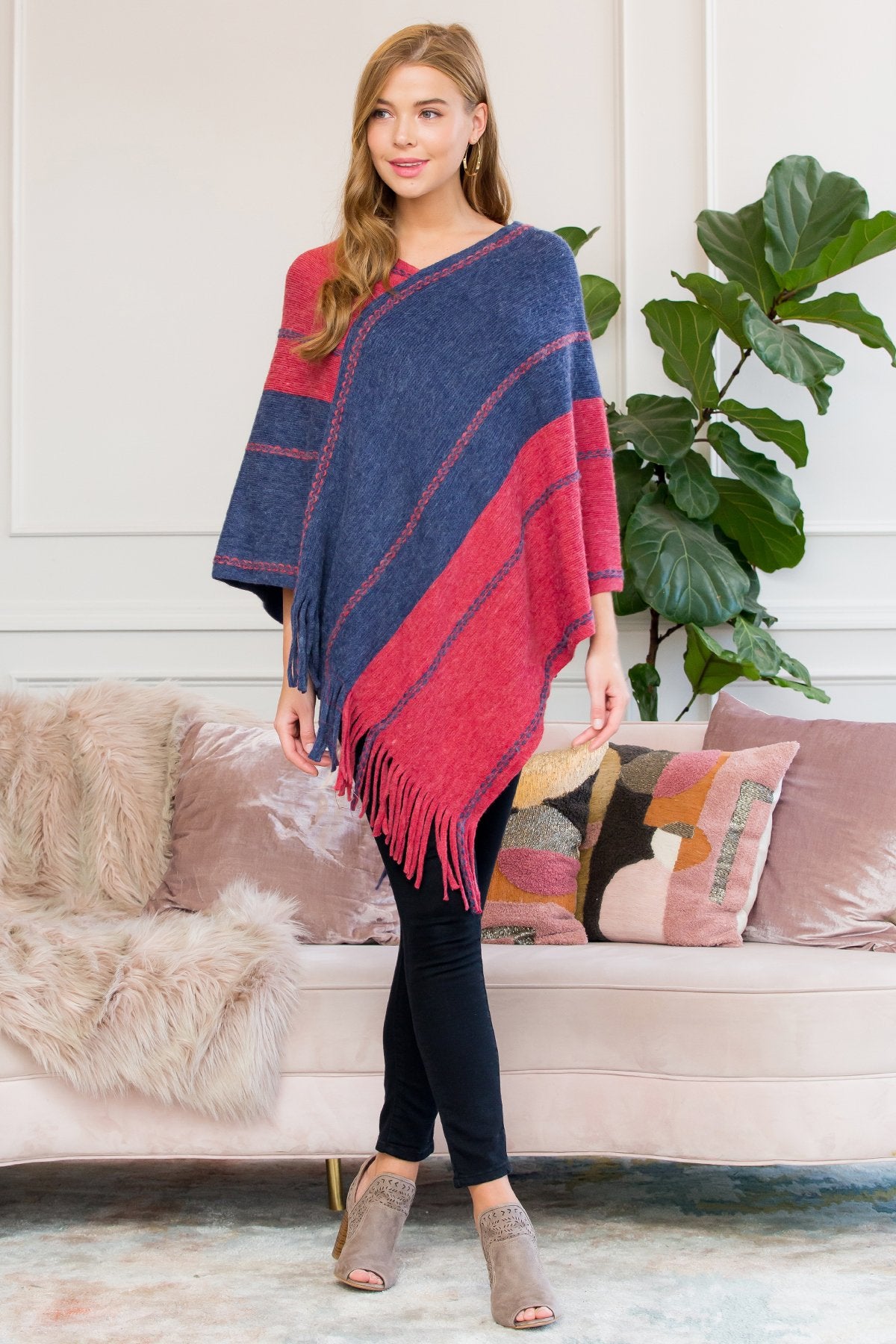 Red Blue Two Tone Chain Print Fringe Poncho