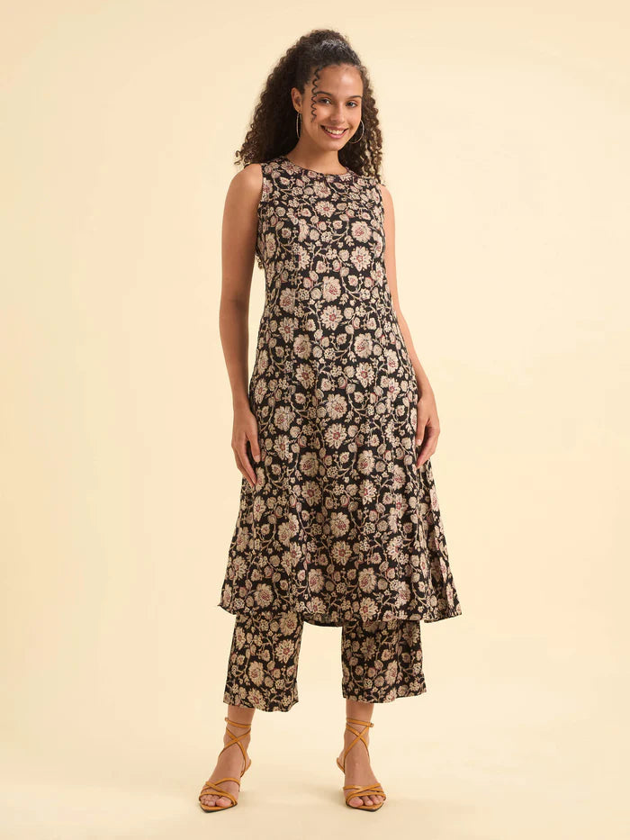 Black Multi Colour Viscose Print Flared Kurti Set With Princess Cut And Sequins Work