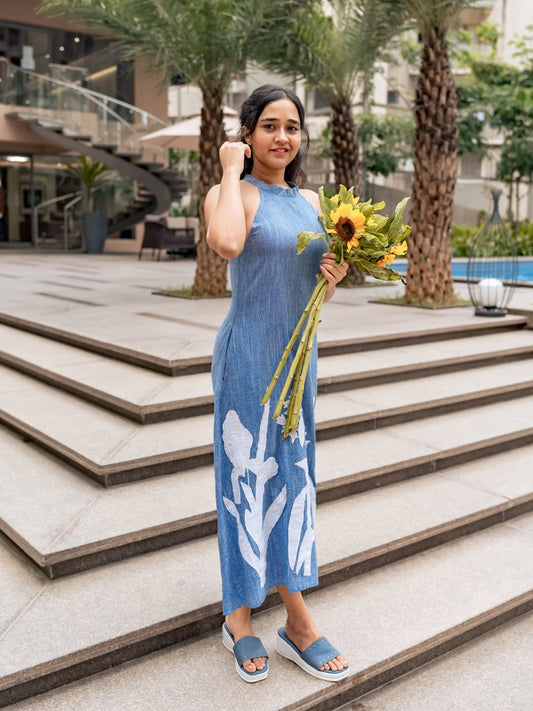 Insaneful - Blue Reverie - A halter dress blooming with handcrafted florals & breezy cotton grace