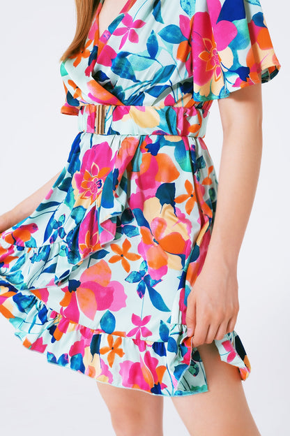 Belted Soft Satin Dress With Flower Print