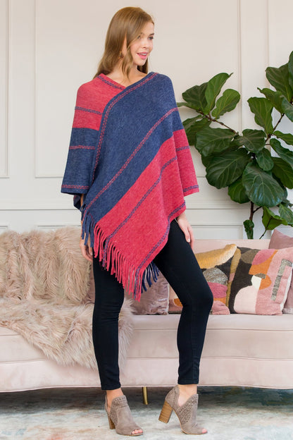 Red Blue Two Tone Chain Print Fringe Poncho