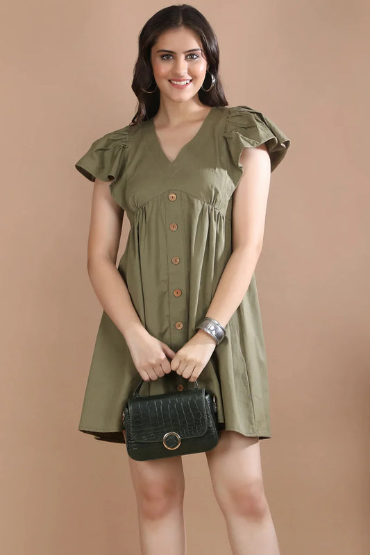 GuiltAndClass - THE OLIVE EDIT  Cotton Twill A-Line Dress with Soft Flutter Sleeves