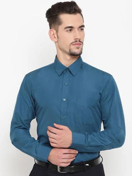 English Navy Men Teal Blue Slim Fit Solid Formal Shirt