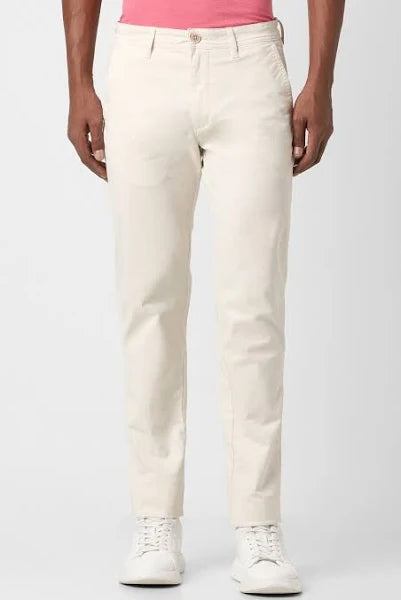 Casuals Men Solid Flat Front Chino Casual Trousers| Slim Fit, Cream , Size 34