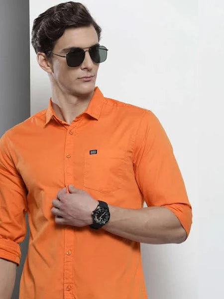 Men Solid Casual Orange Shirt